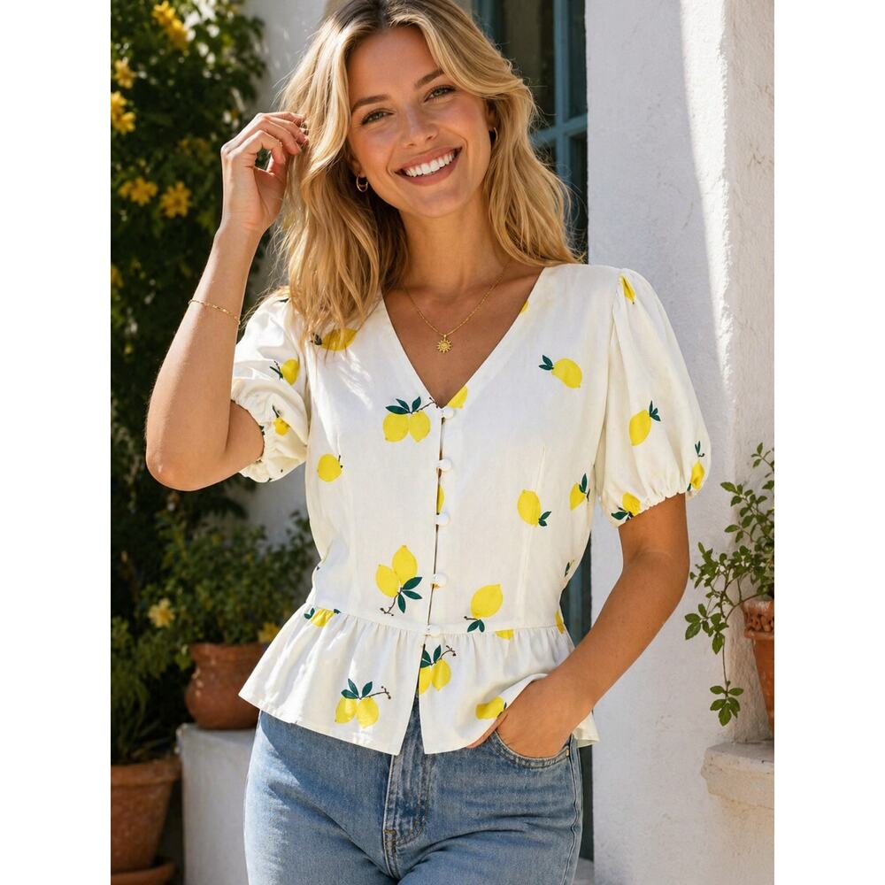 Collectif ModCloth Mimma Lemons white top blouse women’s 16 XL Summer Coquette